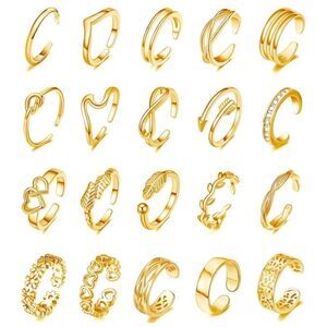 Yellow Gold Adjustable Boho Open Toe Rings - Set of 20
